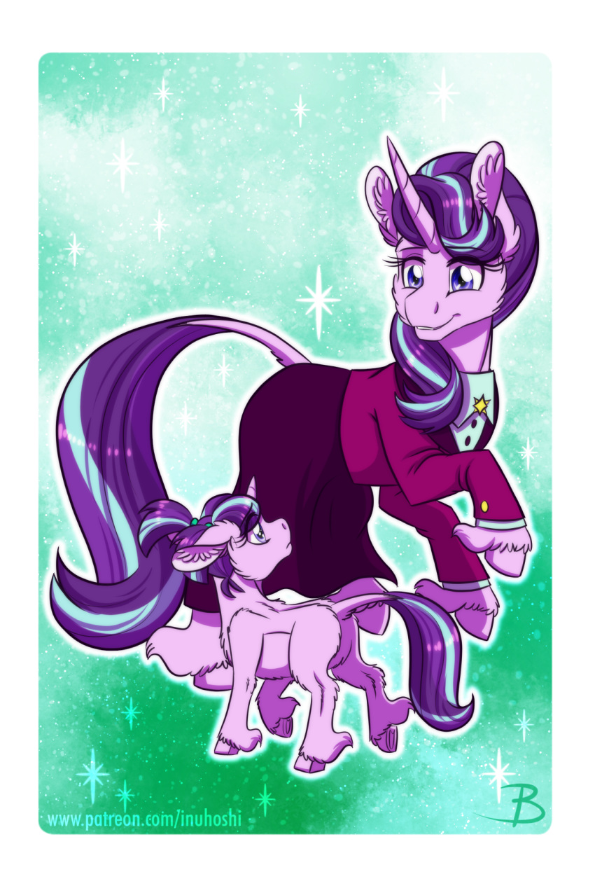 2020 closed_frown clothing duo equid equine eyelashes female feral friendship_is_magic frown future green_background hair hi_res horn inuhoshi-to-darkpen looking_at_another mammal my_little_pony paradox parkles patreon purple_body purple_eyes purple_hair raised_hoof simple_background smile starlight_glimmer_(mlp) suit text unicorn url young
