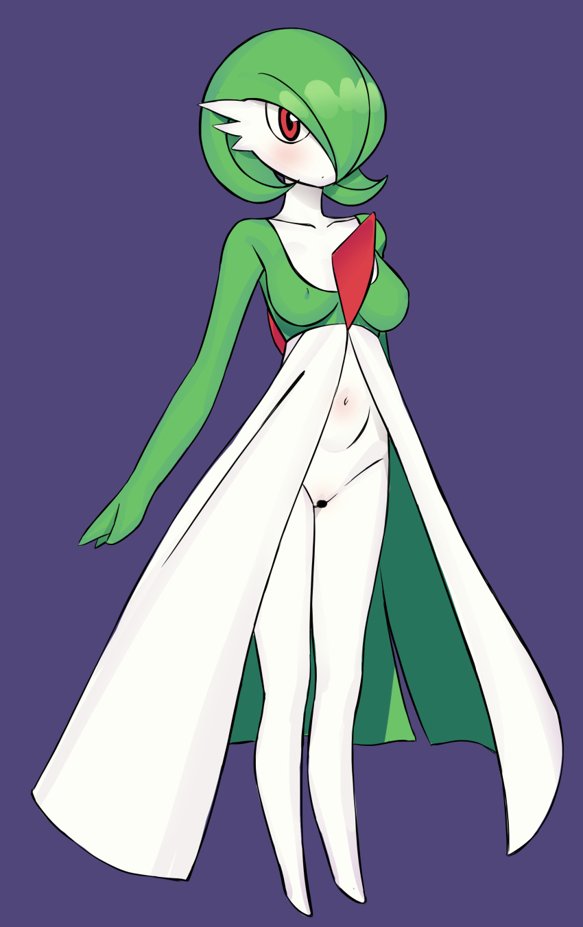 absurd_res blush breasts censored gardevoir genitals hi_res humanoid looking_at_viewer nintendo not_furry pinup pok&eacute;mon pok&eacute;mon_(species) pose pussy self_empl0yed simple_background solo standing video_games