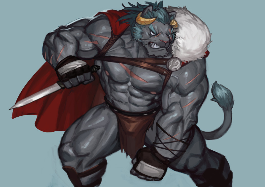 2020 5_fingers abs absurd_res anthro big_muscles black_body black_fur blue_hair brown_horn bulge cape clothing demon felid fingerless_gloves fingers fur gloves hair handwear hi_res horn humanoid_hands knife krampus_(housamo) lion loincloth male mammal muscular muscular_male nipples pantherine pecs pink_nipples pink_nose scar simple_background snarling solo tokyo_afterschool_summoners traver009 veiny_muscles video_games whiskers