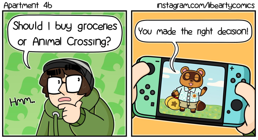 ! ... 2020 ? animal_crossing anthro barefoot bell big_glasses bottomwear brown_body brown_fur brown_hair brown_nose brown_tail canid canine close-up clothed clothing comic console controller dialogue english_text eyes_closed female freckles fur game_controller green_background hair hat headgear headwear hi_res human joycon_controller libeartycomics libeartycomics_(character) looking_away looking_up male mammal money money_bag nintendo nintendo_controller nintendo_switch open_mouth orange_background pink_tongue procyonid question raccoon raccoon_dog round_ears shirt short_hair shorts simple_background smile solo speech_bubble square_glasses standing sweater tan_body tan_nose tan_skin text thinking tom_nook_(animal_crossing) tongue topwear video_games