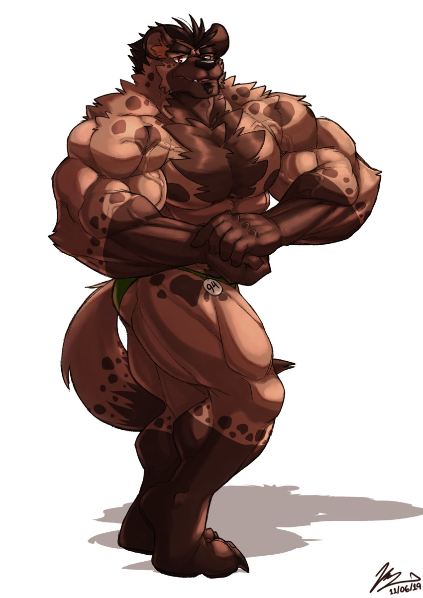 2019 5_fingers anthro barefoot beard biceps big_muscles black_nose body_hair brown_body brown_fur brown_hair brown_nipples chest_hair clothed clothing eyebrows facial_hair fingers flexing fur hair hi_res huge_muscles humanoid_hands hyaenid looking_at_viewer male mammal muscular muscular_male nipples pecs plantigrade quads red_eyes simple_background solo spots spotted_body spotted_fur thick_eyebrows thong topless triceps underwear underwear_only veiny_muscles white_background yongdasom