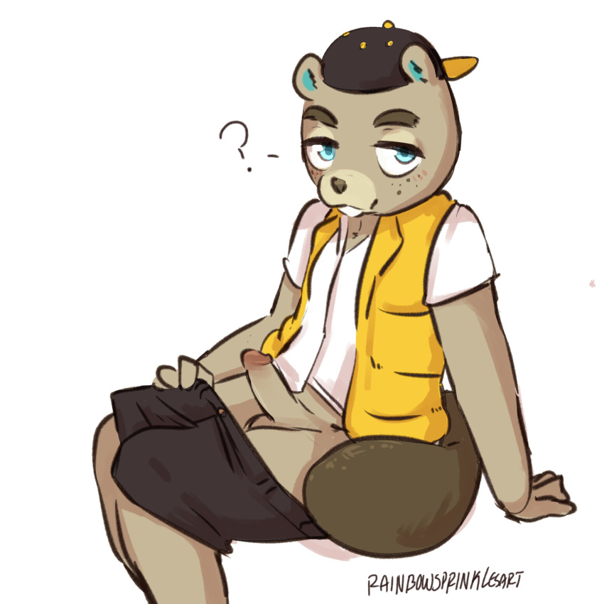 absurd_res animal_crossing anthro balls beaver bottomwear buckteeth c.j._(animal_crossing) clothed clothing erection genitals hat headgear headwear hi_res humanoid_genitalia humanoid_penis male mammal nintendo partially_clothed penis rainbowsprinklesart rodent shorts shorts_down solo teeth video_games