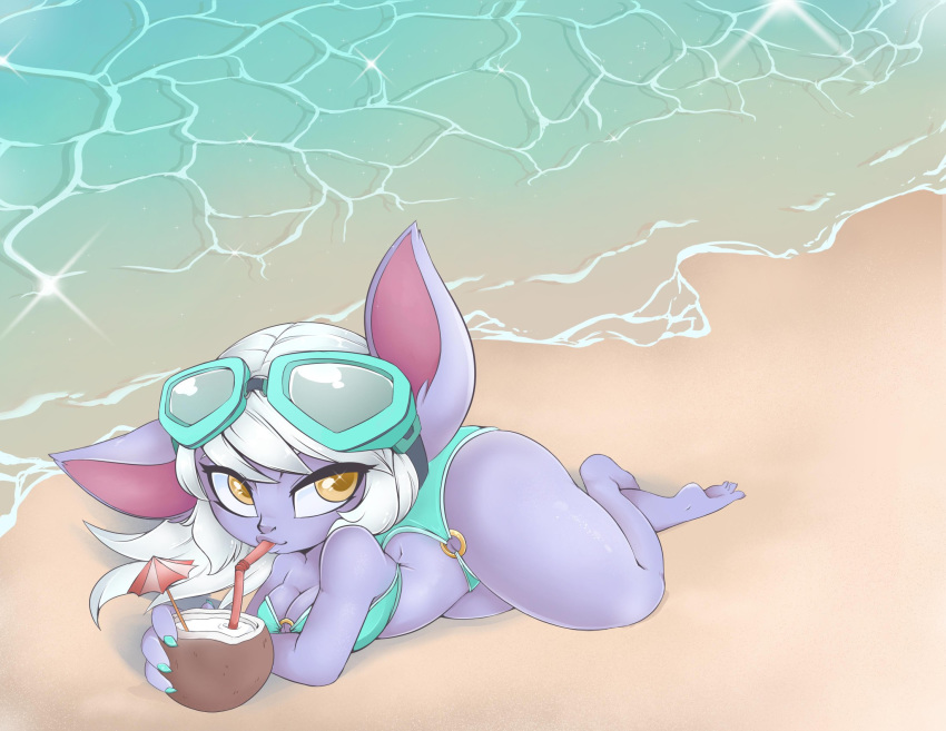 bandlebro beach bikini blue_body breasts cleavage clothed clothing cocktail_umbrella coconut drinking drupe_(fruit) eyewear female food fruit goggles hair hi_res humanoid league_of_legends lying not_furry plant riot_games sand seaside short_stack solo swimwear tristana_(lol) video_games white_hair yellow_eyes yordle