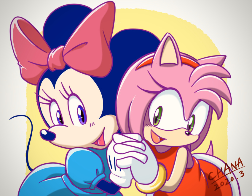 2020 accessory amy_rose anthro bow chana clothing crossover disney duo eulipotyphlan female gloves green_eyes hair_accessory hairband hand_holding handwear hedgehog hi_res mammal minnie_mouse mouse murid murine open_mouth open_smile purple_eyes rodent signature smile sonic_the_hedgehog_(series) video_games