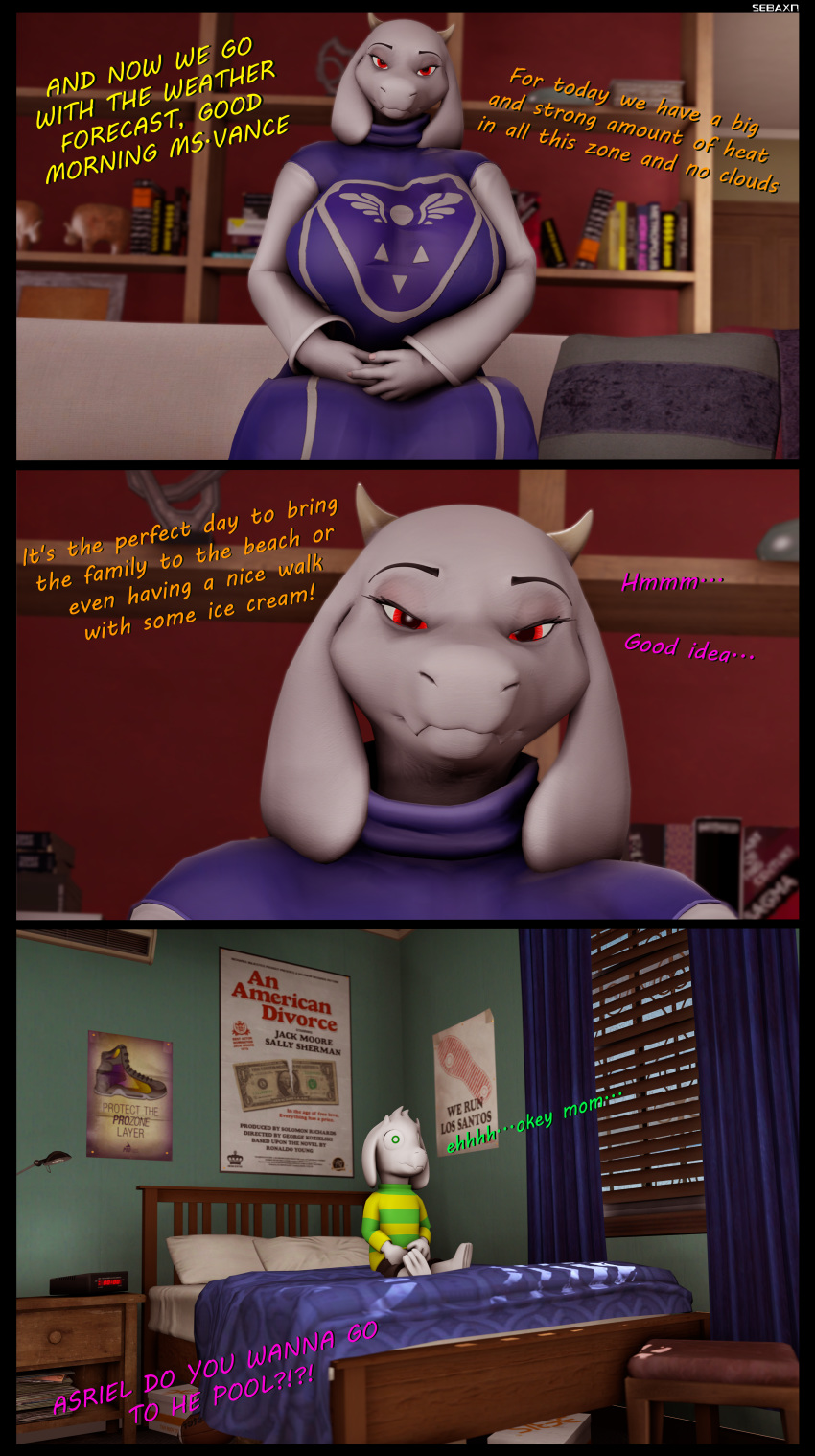 2020 3d_(artwork) absurd_res age_difference anthro asriel_dreemurr big_breasts boss_monster bovid breasts caprine clothed clothing digital_media_(artwork) female fur goat hi_res horn long_ears male male/female mammal mature_female mother mother_and_child mother_and_son older_female parent parent_and_child sebaxn son source_filmmaker text toriel undertale video_games white_body white_fur young younger_male