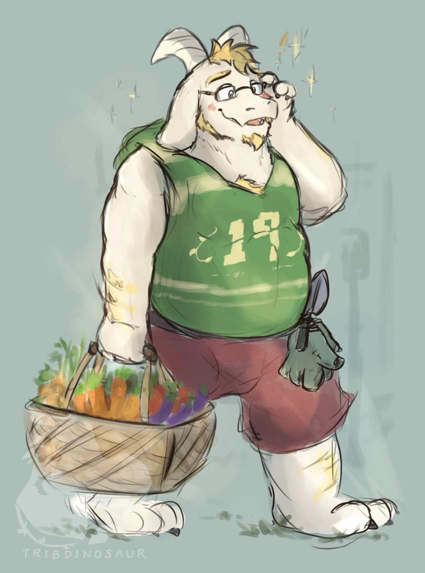 2018 aged_up anthro arm_hair asriel_dreemurr barefoot basket blonde_eyebrows blonde_hair blush body_hair boss_monster bottomwear bovid caprine chest_hair claws clothed clothing eyebrows eyes_closed facial_hair fur green_background hair hi_res hoodie horn leg_hair male mammal open_mouth overweight overweight_male pants phone_call simple_background sleeveless_hoodie slightly_chubby smile solo toe_claws topwear tribdinosaur undertale video_games walking watermark white_body white_fur