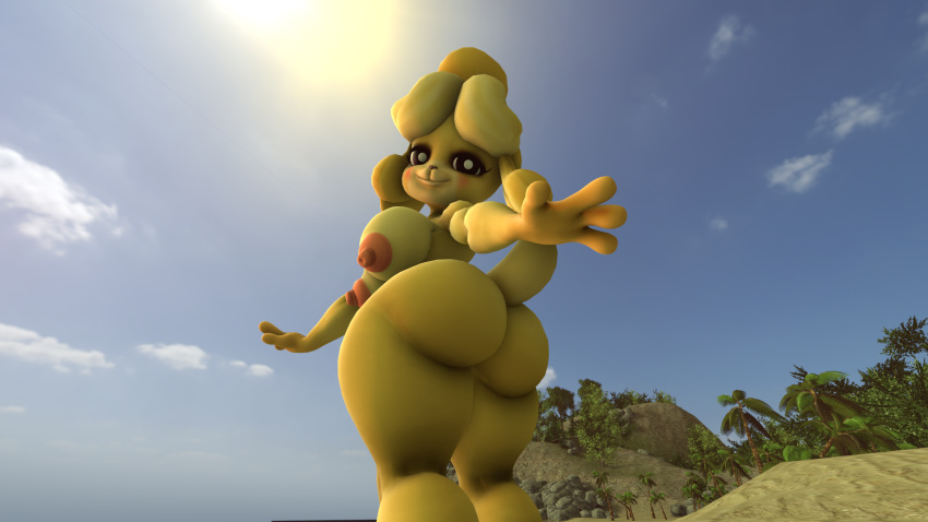 2020 3d_(artwork) animal_crossing anthro beach big_breasts blush breasts butt canid canine canis cloud digital_media_(artwork) domestic_dog female fur hair half-closed_eyes hi_res isabelle_(animal_crossing) light looking_at_viewer mammal narrowed_eyes nintendo nipples nude outside palm_tree presenting presenting_hindquarters reaching_towards_viewer rear_view sand seaside shih_tzu sky smile solo source_filmmaker standing sun sunlight toy_dog tree video_games