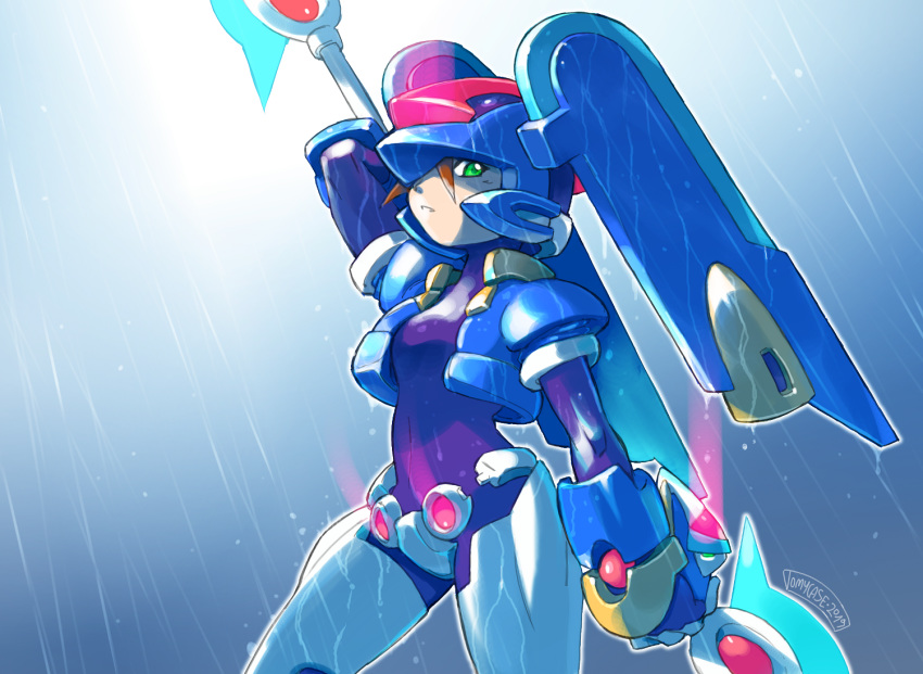 2019 aile_(mega_man_zx) android armor blue_clothing bodysuit capcom clothing fairy_leviathan female green_eyes headgear helmet humanoid jacket machine mega_man_(series) mega_man_zx melee_weapon polearm raining reploid robot simple_background skinsuit solo tight_clothing tomycase topwear video_games weapon