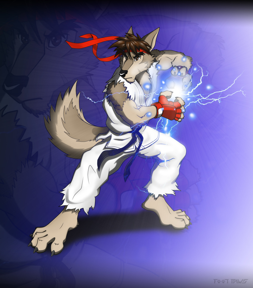 4_toes 5_fingers anthro barefoot black_nose blowup_background bottomwear canid canine canis capcom claws clothing finger_claws fingerless_gloves fingers foot-paws fur gloves hair handwear hi_res male mammal muscular muscular_male red_gloves ryu_(street_fighter) simple_background solo street_fighter toe_claws toes topwear video_games white_bottomwear white_clothing white_topwear wolf