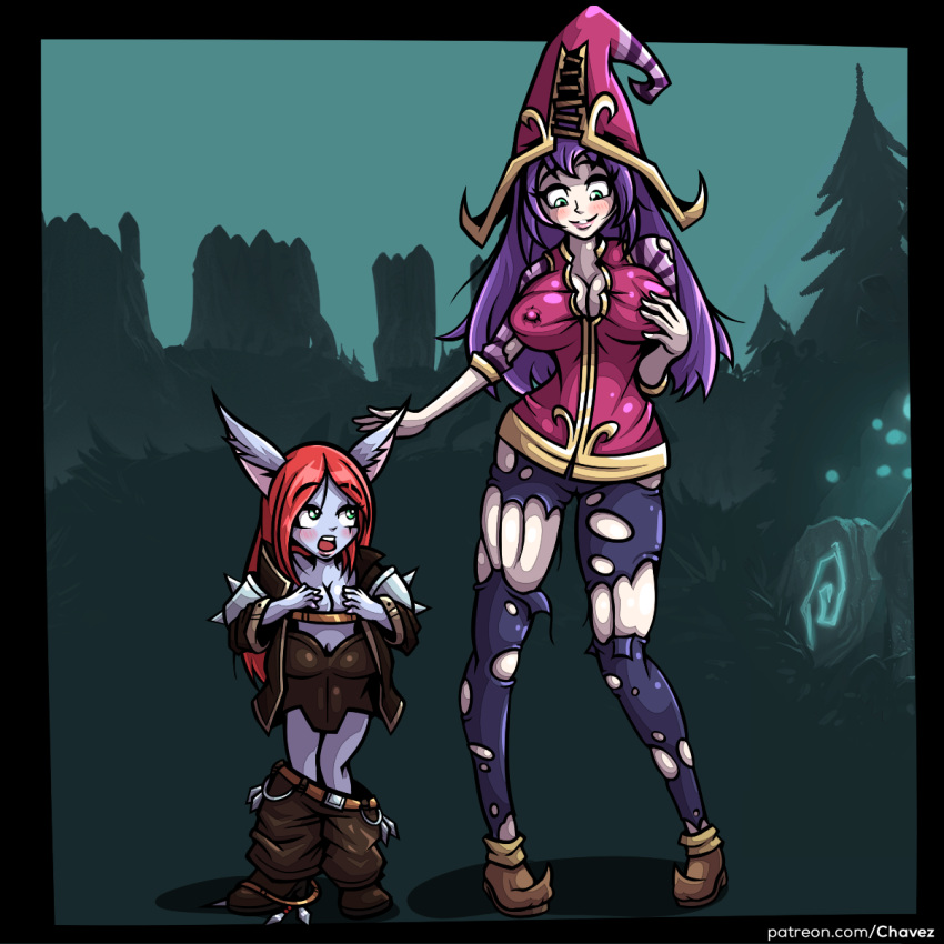 2015 alternate_species breasts clothing duo growth hair hand_on_breast hat headgear headwear hi_res human humanoid inksgirls katarina_du_couteau_(lol) league_of_legends looking_down lulu_(lol) mammal nipple_outline outside purple_hair red_hair riot_games shrinking smile torn_clothing transformation tree video_games yordle