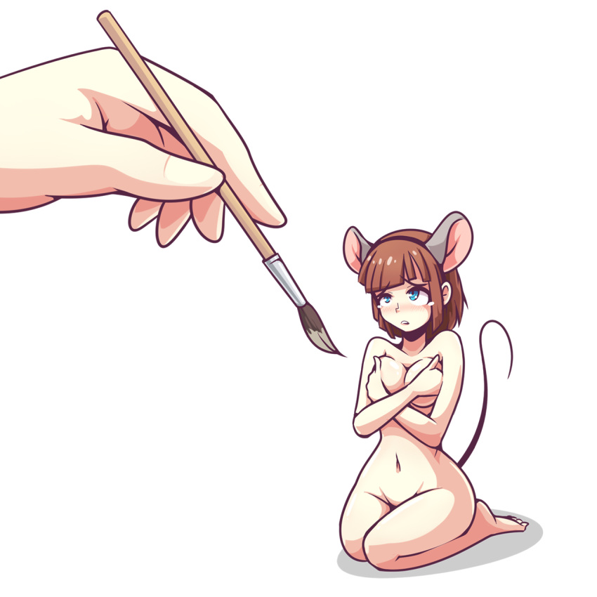 2018 animal_humanoid blue_eyes blush brown_hair brush covering covering_breasts disembodied_hand female hair hi_res humanoid inksgirls kneeling looking_up mammal mammal_humanoid mouse_humanoid murid murid_humanoid murine murine_humanoid navel nude paintbrush rodent rodent_humanoid