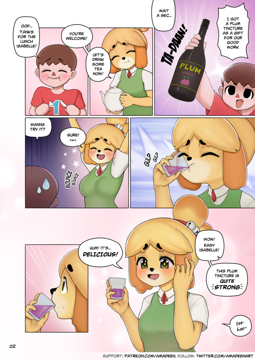 amadeen animal_crossing anthro beverage blush bodily_fluids breasts canid canine canis clothed clothing comic dialogue domestic_dog drooling duo english_text female fur green_eyes hair hand_on_face hi_res human isabelle_(animal_crossing) male mammal nintendo open_mouth saliva shih_tzu smile standing sweat teeth text tongue toy_dog video_games villager_(animal_crossing) yellow_body yellow_fur