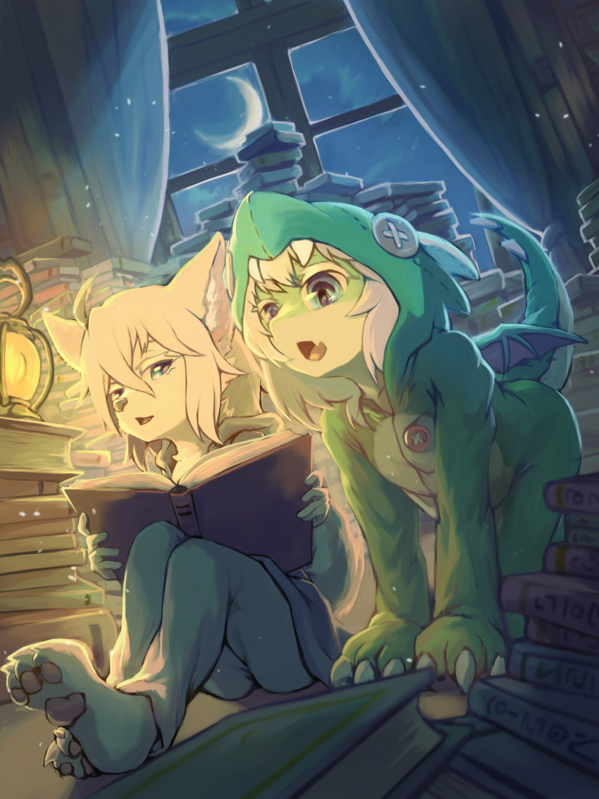 absurd_res all_fours anthro book canid canine canis clothed clothing crescent_moon domestic_dog dragon female hair hi_res hood inside kemono lantern mammal moon night open_mouth pajamas pawpads shimizu_tsubasa sitting white_hair window