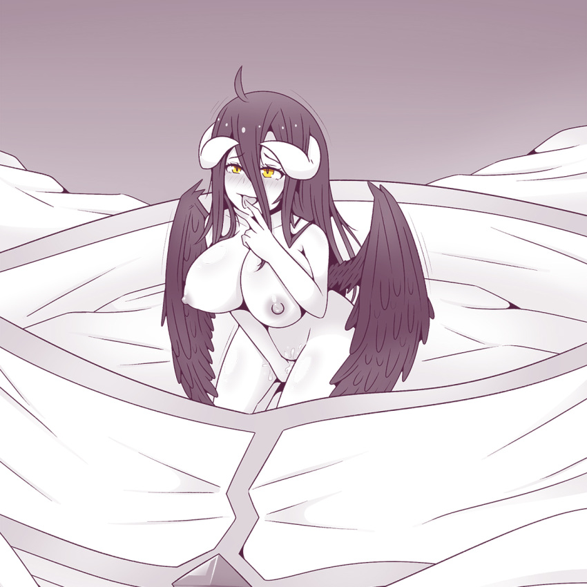 albedo_(overlord) big_breasts blush breasts choker clothing feathered_wings feathers female hair hi_res horn humanoid inksgirls jewelry kneeling masturbation necklace nude overlord_(series) solo tongue tongue_out underwear winged_humanoid wings yellow_eyes