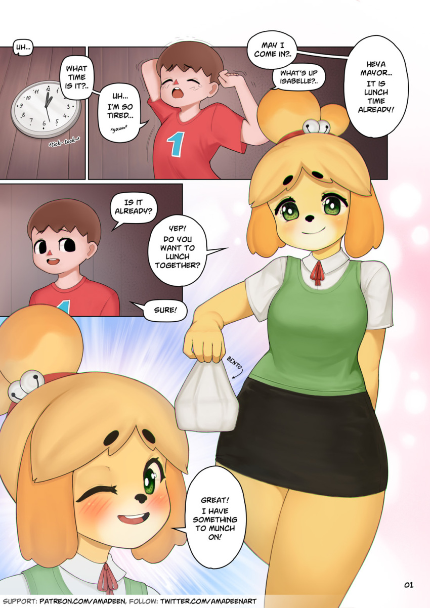 amadeen animal_crossing anthro blush breasts canid canine canis clock clothed clothing comic dialogue domestic_dog duo english_text female fur green_eyes hair hi_res human isabelle_(animal_crossing) looking_at_viewer male mammal nintendo open_mouth shih_tzu smile standing teeth text thick_thighs tongue toy_dog video_games villager_(animal_crossing) wide_hips yawn yellow_body yellow_fur