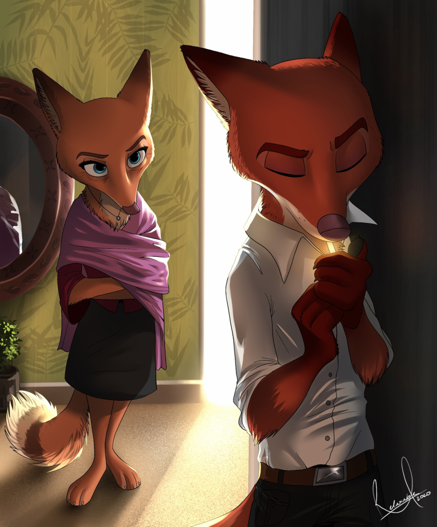 2020 anthro barefoot canid canine cigarette clothed clothing crossed_arms disney duo eyes_closed female fox fully_clothed fur hi_res inner_ear_fluff inside jewelry light lighting male mammal mirror mrs._wilde necklace nick_wilde orange_body orange_fur red_fox relaxable relaxablefur standing tuft zootopia