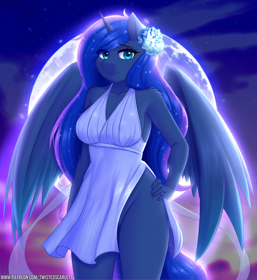 2020 anthro clothed clothing digital_media_(artwork) equid female friendship_is_magic full_moon hi_res horn looking_at_viewer mammal moon my_little_pony no_underwear outside princess_luna_(mlp) smile solo text twistedscarlett60 unicorn_horn url winged_unicorn wings