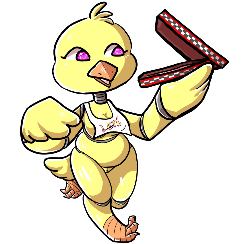 1:1 2020 animatronic anthro avian beak bib bird breasts chica_(fnaf) chicken clothing digital_media_(artwork) english_text feathers female five_nights_at_freddy's food galliform gallus_(genus) genitals hi_res machine manitka nude open_mouth phasianid pizza pizza_box pussy robot simple_background slightly_chubby solo text video_games wings