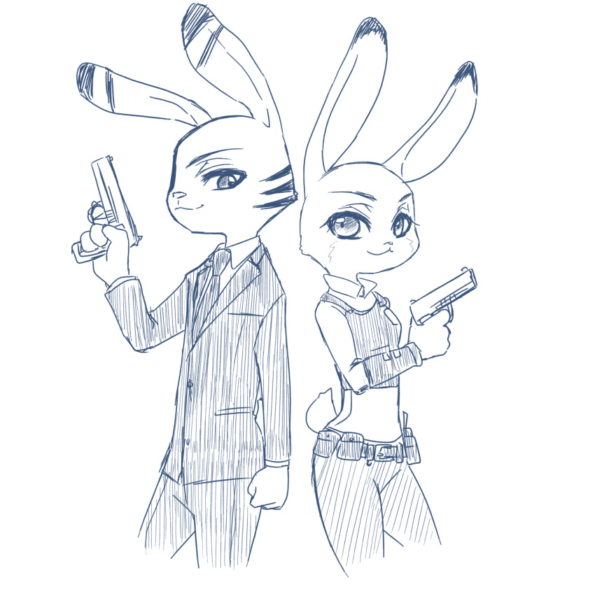 2016 anthro bad_trigger_discipline clothed clothing disney duo ear_markings facial_markings fully_clothed fur head_markings hi_res holding_gun holding_object holding_weapon jack_savage judy_hopps lagomorph leporid mammal markings puki rabbit simple_background smile weapon white_background zootopia