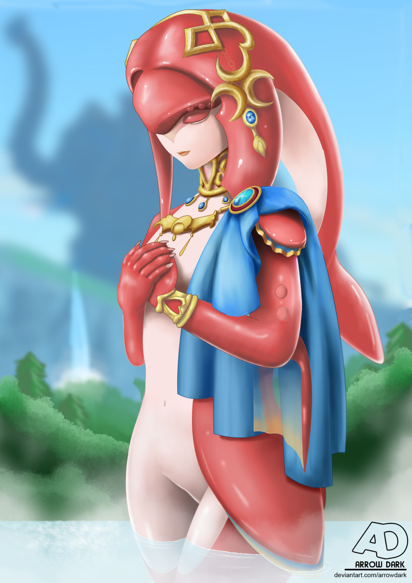 animal_humanoid arrowdark breath_of_the_wild eyes_closed female hi_res humanoid jewelry marine marine_humanoid mipha navel nintendo outside solo the_legend_of_zelda video_games water zora