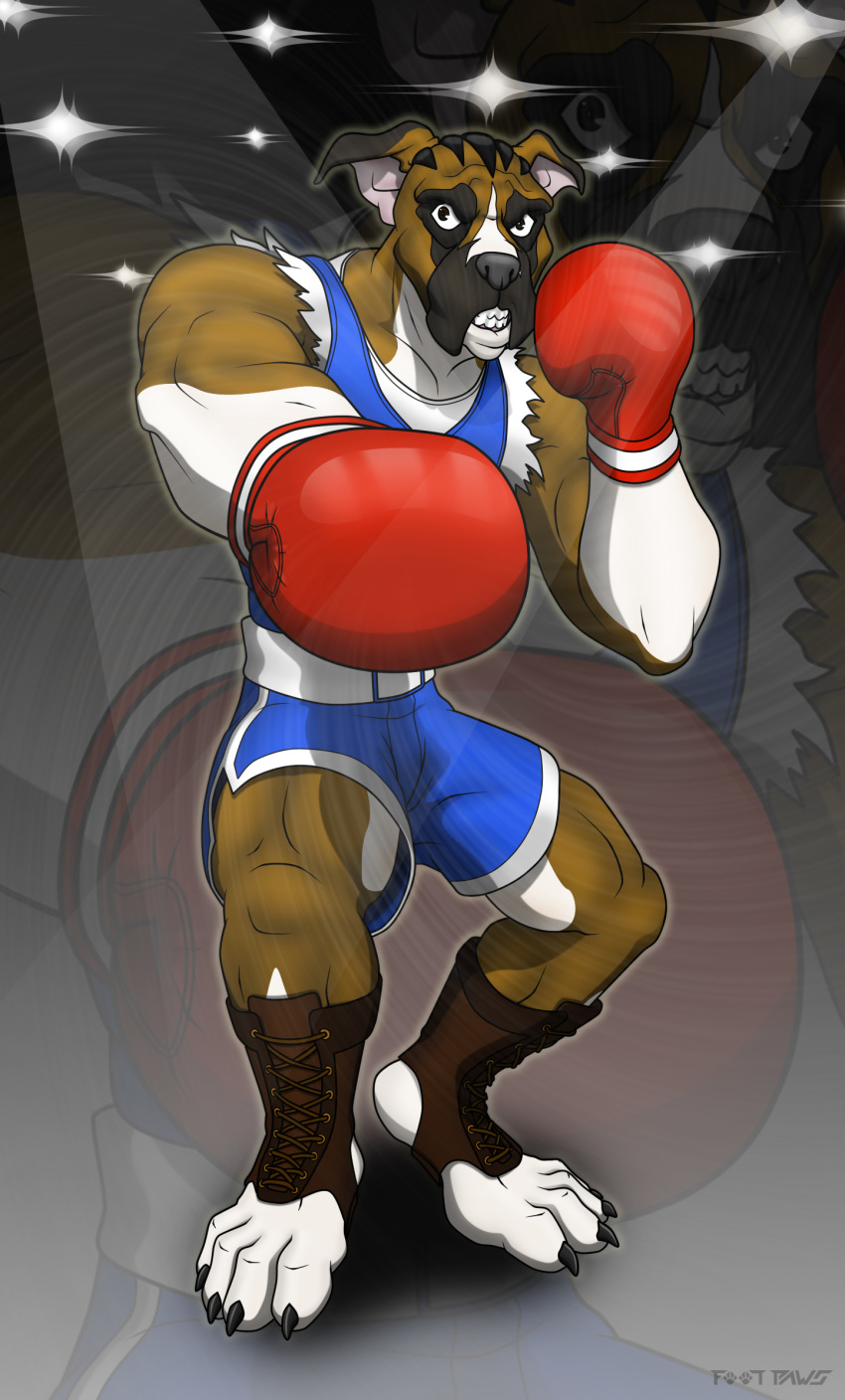 anthro balrog_(street_fighter) black_claws blowup_background blue_clothing boxer_(dog) boxing_gloves bulldog canid canine canis capcom claws clothed clothing domestic_dog foot-paws full-length_portrait fully_clothed hair handwear hi_res looking_at_viewer mammal mastiff molosser portrait pose simple_background solo street_fighter teeth toe_claws toeless_footwear video_games white_body white_clothing