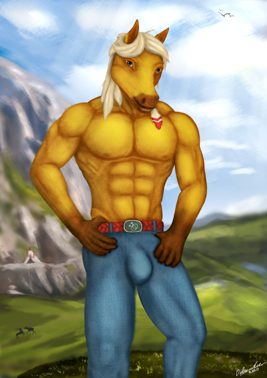 2020 5_fingers abs absurd_res accessory ambient_bird anthro avian bird blue_eyes bottomwear brown_body bulge capreoline cervid clothed clothing cloud day detailed_background dobie-ace equid equine feather_in_hair feathers fingers grass hair hair_accessory hi_res horse indian jeans lips looking_at_viewer male mammal mane moose mountain muscular muscular_male native outside pants pecs signature sky solo standing topless white_mane yellow_body