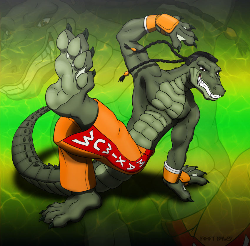 2017 4_toes 5_fingers alligator alligatorid anthro belly_scales black_hair blowup_background bottomwear braided_ponytail capcom claws clothed clothing crocodilian dee_jay fingers foot-paws foot_focus green_body green_scales hair hi_res looking_at_viewer multicolored_pants orange_bottomwear orange_clothing orange_pants pants red_bottomwear red_clothing red_pants reptile scales scalie simple_background solo street_fighter teeth toe_claws toes topless video_games white_bottomwear white_clothing white_pants