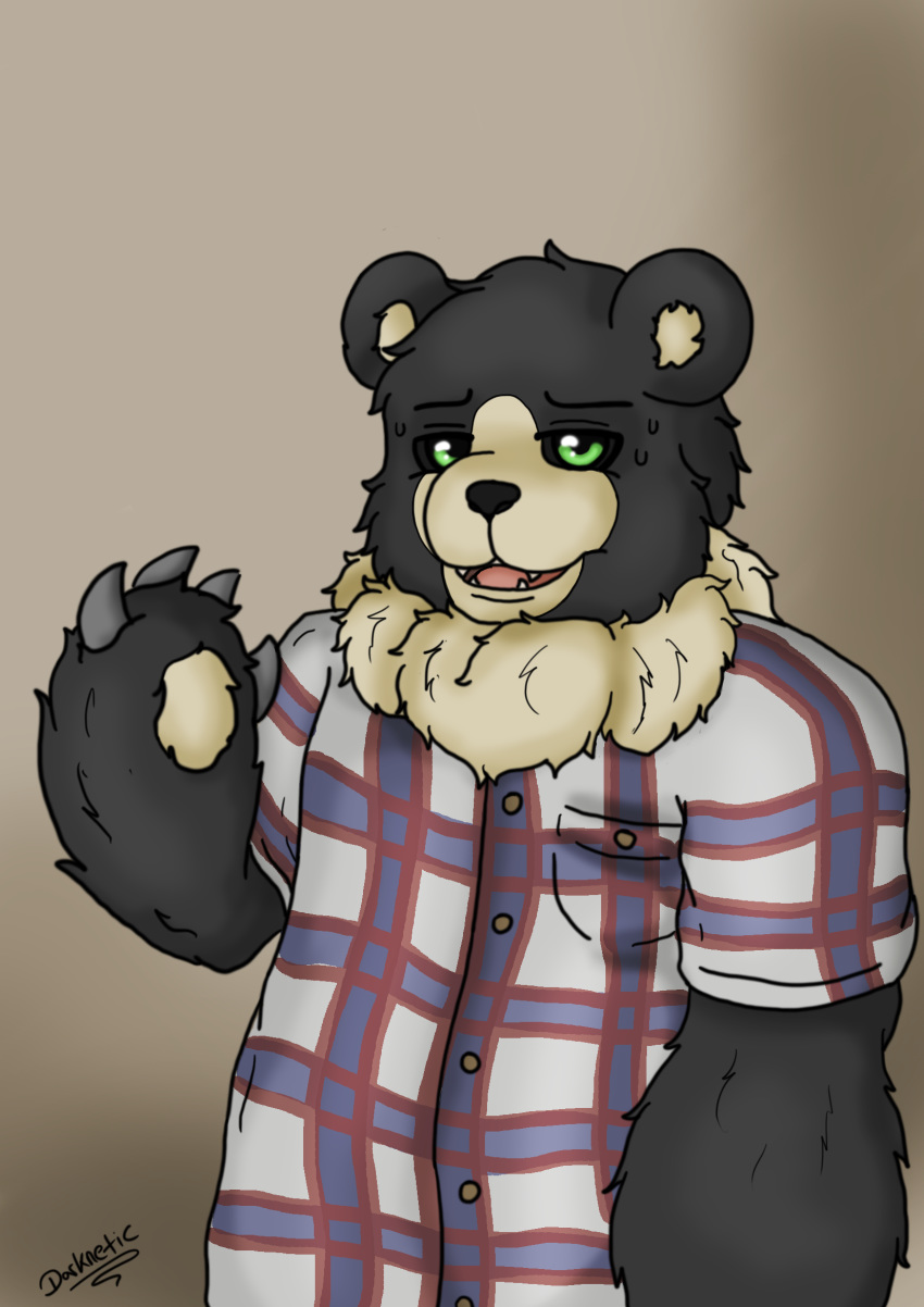 anthro black_body black_fur chest_shirt clothing darknetic digital_media_(artwork) fur green_eyes hi_res kuma_(darknetic) male mammal own_character simple_background solo standing ursid ursine yellow_body yellow_fur