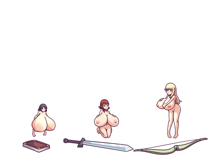 2018 after_transformation big_breasts black_hair blonde_hair book bow_(weapon) breast_expansion breasts elf featureless_crotch female group hair hand_on_breast huge_breasts human humanoid hyper hyper_breasts inksgirls kneeling mammal melee_weapon micro nipples nude ranged_weapon shrinking standing sword weapon