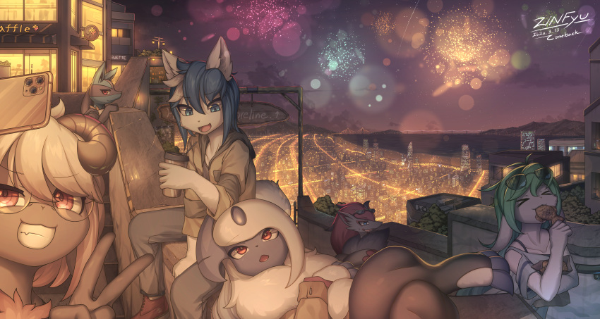 &gt;_&lt; 2020 :3 absol absurd_res amazing_background ambiguous_gender anthro anthrofied beverage black_body black_fur black_skin blue_eyes blue_hair bovid bridge building canid canine canis caprine cellphone city cityscape claws clothed clothing cloud crossed_arms crossed_legs detailed_background ears_down eating english_text eyes_closed eyewear eyewear_on_head female fireworks fluffy food footwear fully_clothed fur gesture glasses green_hair grin group hair hi_res holding_cup holding_food holding_object holding_phone horn jacket legwear light lighting long_hair looking_at_another looking_at_viewer lucario lute_(zinfyu) lying male mammal mountain neck_tuft night nintendo on_back open_mouth open_smile outside phone pivoted_ears plant pok&eacute;mon pok&eacute;mon_(species) pok&eacute;morph red_eyes red_hair sea selfie sheep shirt shoes shrub sign signature sitting sky skyscraper smile standing star starry_sky store street street_lamp sunglasses sunglasses_on_head text thigh_highs tongue topwear tuft v_sign video_games water white_body white_fur white_hair window wolf zinfyu zoroark