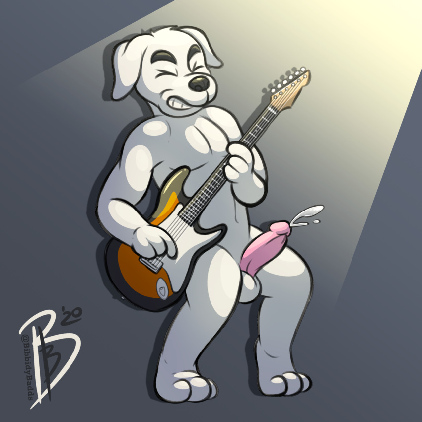 2020 animal_crossing anthro balls bibbidy bodily_fluids canid canine canis cum domestic_dog ejaculation electric_guitar eyes_closed fur genital_fluids genitals guitar hi_res hunting_dog jack_russell_terrier k.k._slider male mammal musical_instrument nintendo nude orgasm penis pink_penis playing_guitar playing_music plucked_string_instrument rock_out_with_your_cock_out signature smile solo spotlight standing string_instrument terrier video_games white_body white_fur