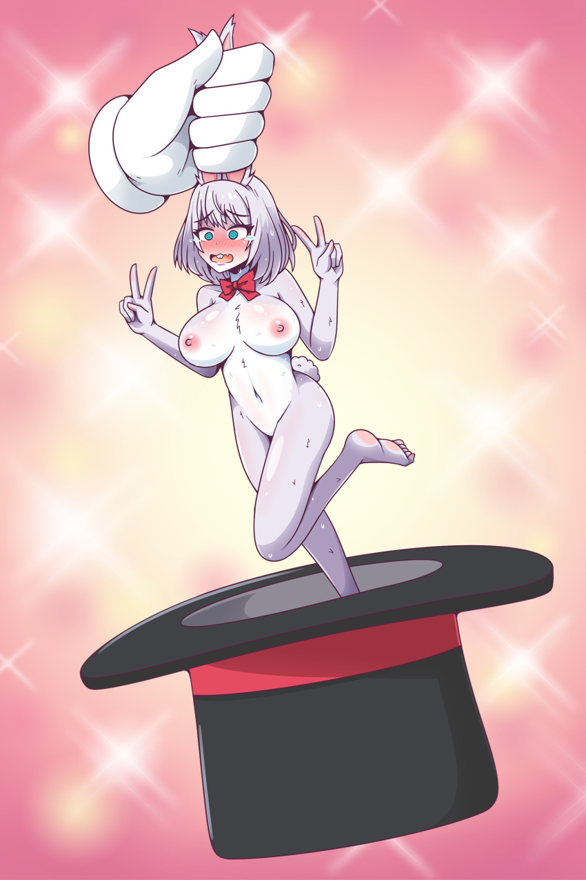 2019 absurd_res anthro big_breasts blush bodily_fluids bow_tie breasts buckteeth clothing embarrassed featureless_crotch female fur gesture hair hat headgear headwear hi_res humanoid_to_anthro inksgirls lagomorph leporid mammal nipples rabbit silver_hair spiral_eyes tears teeth top_hat transformation v_sign