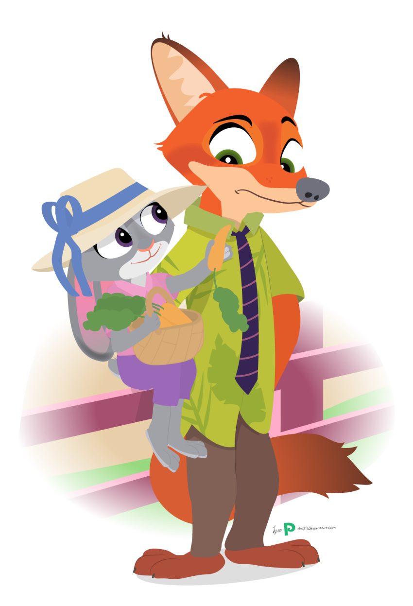 2016 barefoot basket bottomwear canid canine clothed clothing disney dm29 fence food fox fully_clothed fur grey_body grey_fur hi_res holding_food holding_object judy_hopps lagomorph leporid mammal necktie nick_wilde offering_food orange_body orange_fur pants rabbit red_fox shirt sitting smile standing topwear zootopia