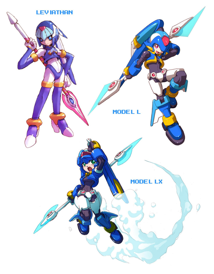 android armor blue_clothing blue_eyes boots capcom clothing fairy_leviathan female footwear green_eyes group headgear helmet hi_res high_heels humanoid machine mega_man_(series) mega_man_zero mega_man_zx melee_weapon official_art open_mouth polearm red_eyes reploid robot shoes simple_background text video_games weapon white_background wide_hips