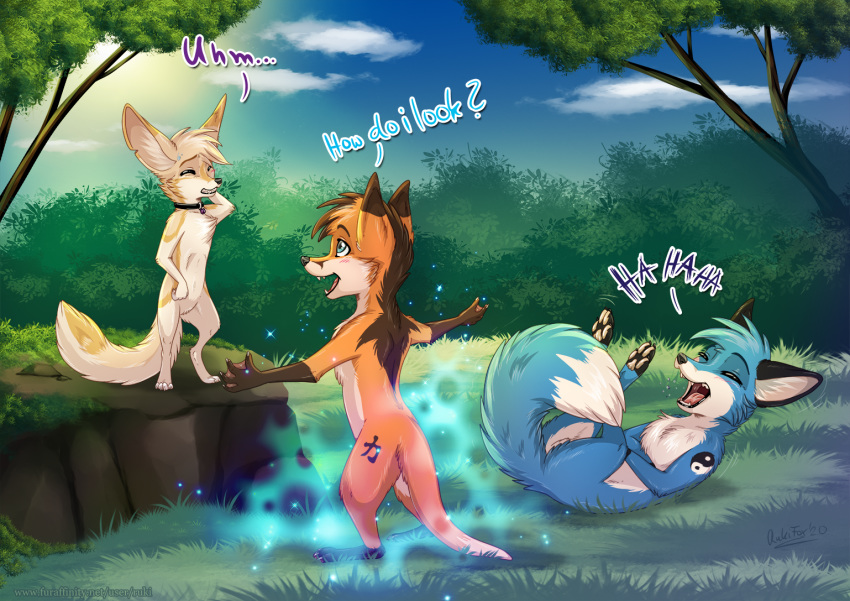 ambiguous_gender anthro blue_body blue_fur canid canine fennec feral fox fur group hybrid koro lutrine lying mammal mustelid on_back on_hind_legs orange_body orange_fur ruki_(character) rukifox yato