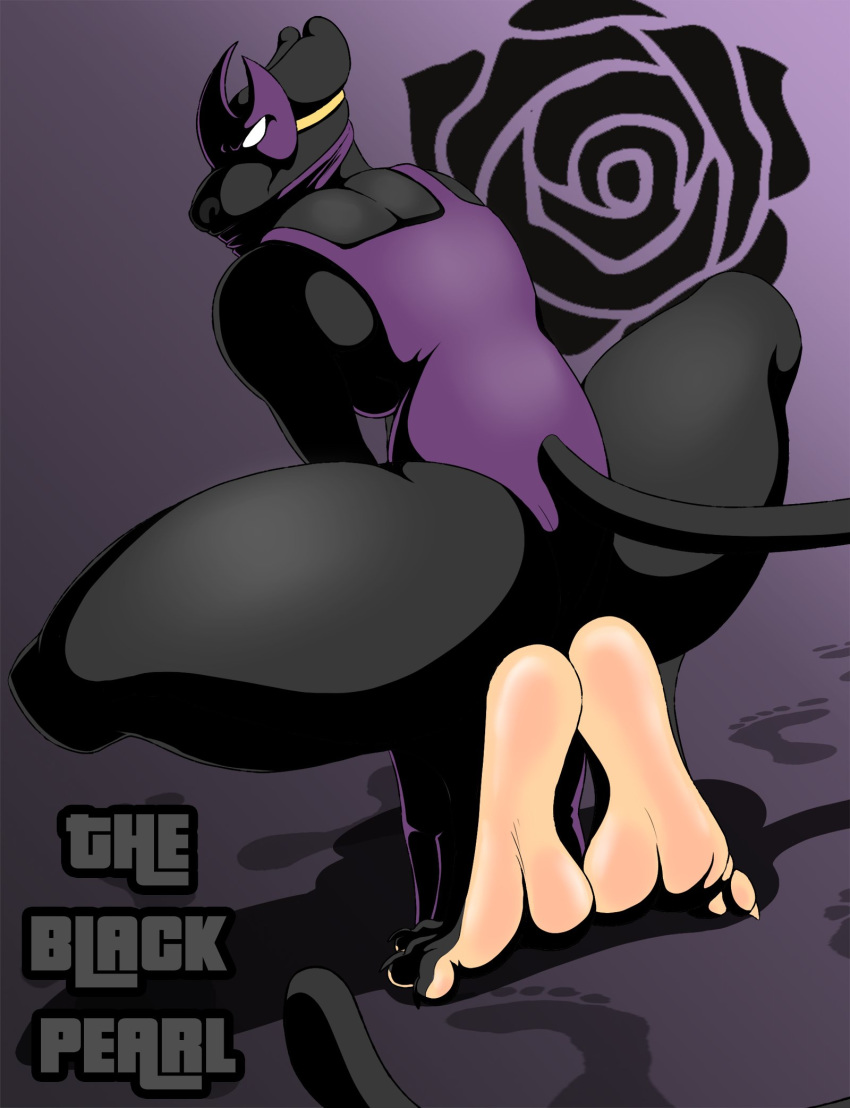 anthro black_body black_fur english_text felid female flower foot_focus footprint fur hi_res looking_at_viewer looking_back mammal mask ms._rene&eacute;_l'noire pale_soles pantherine plant plantigrade rose_(flower) solo text thick_thighs zp92