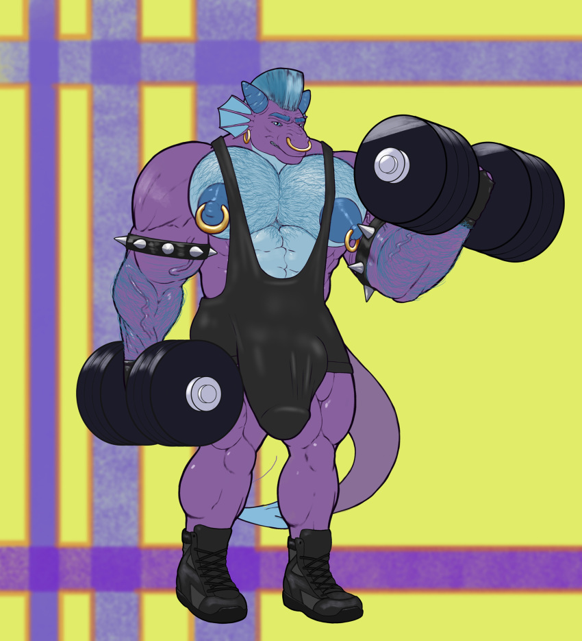 2020 5_fingers abs anthro armband barbell biceps big_bulge big_muscles big_nipples biped body_hair bulge chest_hair clothed clothing demino_(deminothedragon) digital_media_(artwork) dragon ear_piercing exercise facial_piercing fingers footwear hair hi_res horn huge_bulge huge_muscles huge_nipples hyper hyper_bulge looking_at_viewer male mihaelt mohawk_(hairstyle) muscular muscular_male nipple_piercing nipples nose_piercing nose_ring pecs piercing scalie shoes simple_background smile solo standing weightlifting weights workout wrestling_singlet