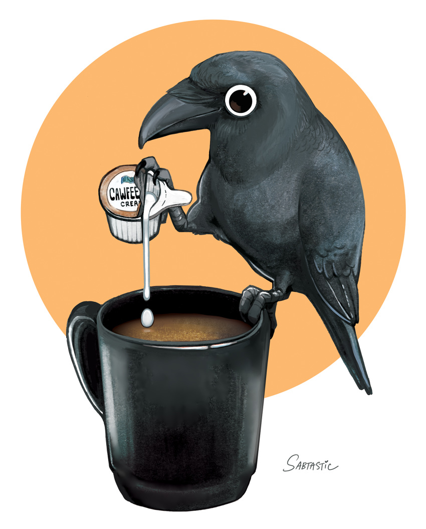 ambiguous_gender avian beak beverage bird coffee coffee_mug corvid corvus_(genus) crow feathers feral hi_res monotone_body monotone_feathers sabtastic simple_background solo talons white_background