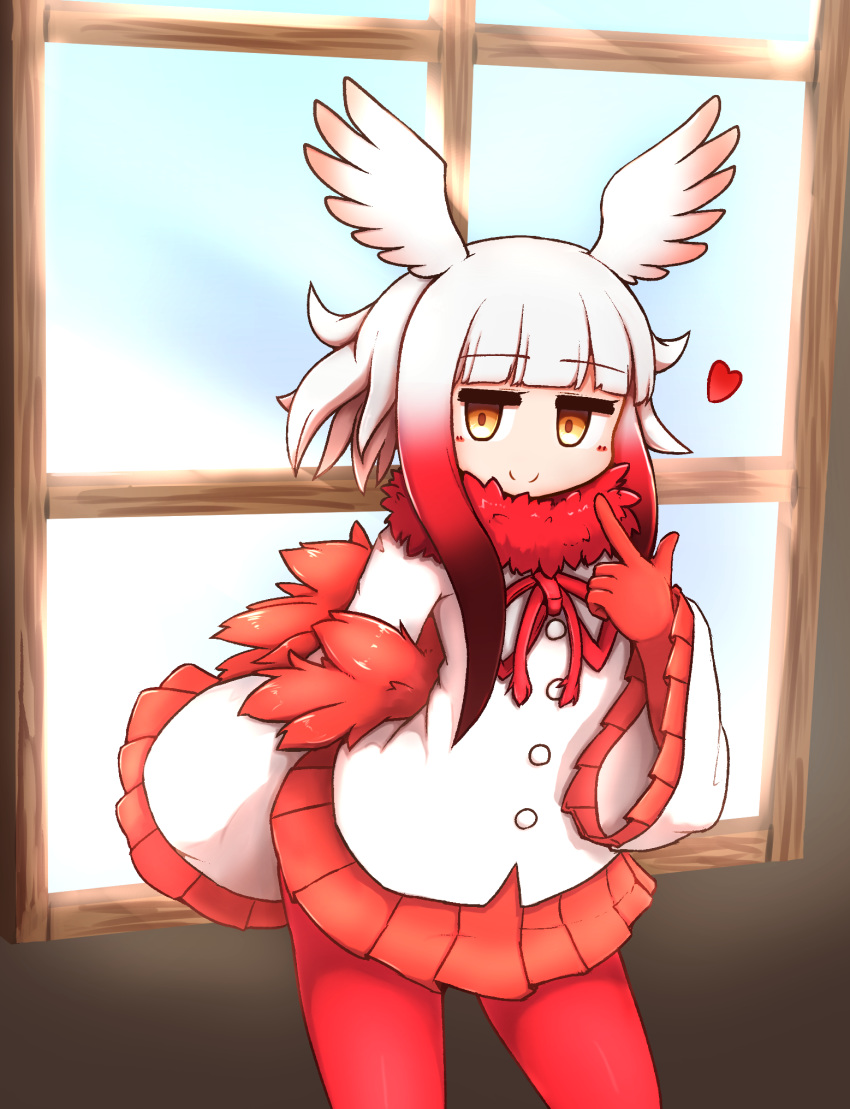 &lt;3 animal_humanoid aticotta avian avian_humanoid bird bird_humanoid bottomwear clothed clothing fully_clothed gesture head_wings hi_res humanoid ibis_humanoid japanese_crested_ibis_(kemono_friends) kemono_friends looking_at_viewer pelecaniform pelecaniform_humanoid pleated_skirt pointing red_bottomwear red_clothing red_skirt skirt smile solo threskiornithid threskiornithid_humanoid topwear white_clothing white_topwear window wings