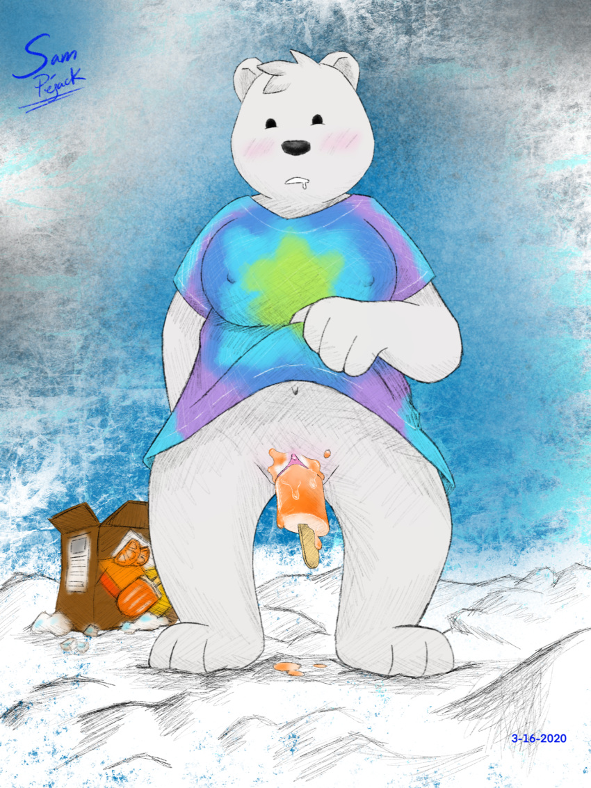 anthro beady_eyes big_breasts blush bodily_fluids bottomless box breasts cartoon_network clitoris clothed clothing clothing_lift cold crossgender drooling female food food_fetish food_penetration food_play fur genitals half-closed_eyes hi_res ice ice_bear improvised_dildo improvised_sex_toy looking_pleasured mammal mtf_crossgender narrowed_eyes navel nipple_outline open_mouth polar_bear popsicle presenting presenting_pussy pussy saliva samuel_pejack shirt shirt_lift snow tie-dye topwear ursid ursine we_bare_bears white_body white_fur