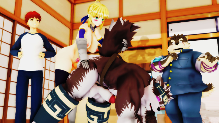 2020 3d_(artwork) anal anal_penetration anthro artoria_pendragon balls blonde_hair blush breasts canid canine canis clothing crossover digital_media_(artwork) domestic_dog erection fate_(series) fur genitals gynomorph gynomorph/male gynomorph_penetrating gynomorph_penetrating_male hair horkeukamui human intersex intersex/male intersex_penetrating intersex_penetrating_male male male_penetrated malicekira mammal moritaka multicolored_body multicolored_fur muscular muscular_male nipples overweight overweight_male penetration saber_artoria_pendragon shirou_emiya slightly_chubby tokyo_afterschool_summoners video_games white_body white_fur