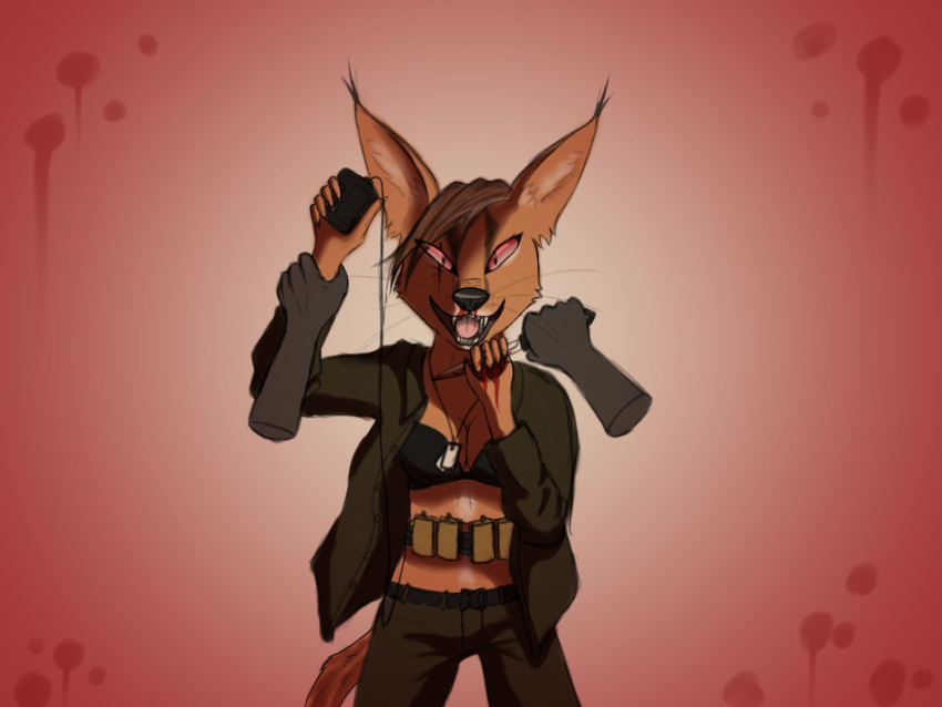 anthro blood bodily_fluids bra breasts brown_body brown_fur caracal_(genus) clothed clothing disembodied_hand domestic_cat felid feline felis female fight fur hair hi_res looking_at_viewer mammal military open_mouth open_shirt palemoonwendigo partially_clothed red_eyes restrained shirt solo standing suicide_bomber topwear underwear violence weapon wounded