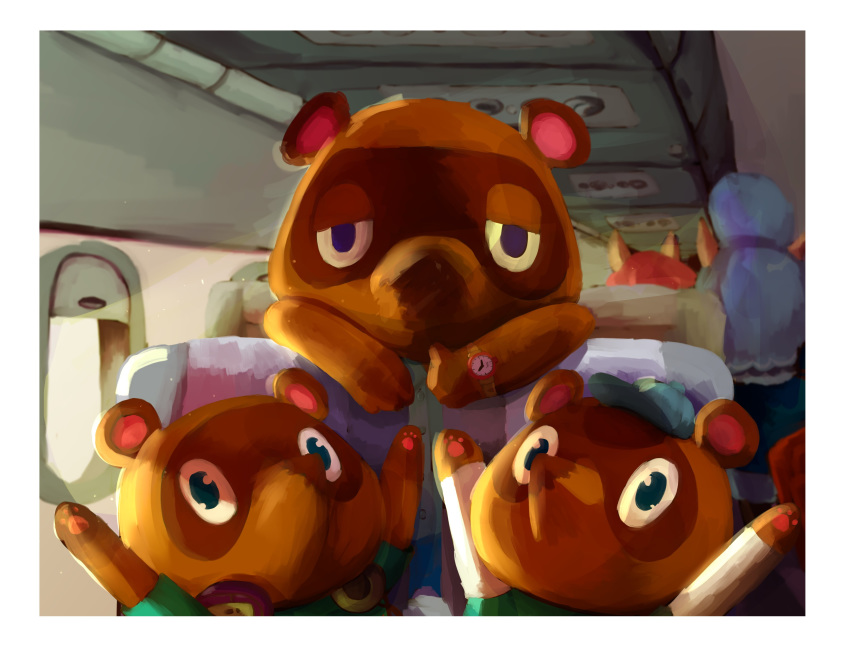 2020 absurd_res animal_crossing anthro brown_body brown_fur canid canine clothing detailed_background fur group hat headgear headwear hi_res malumens mammal nintendo raccoon_dog shirt tanuki timmy_nook tom_nook_(animal_crossing) tommy_nook topwear video_games