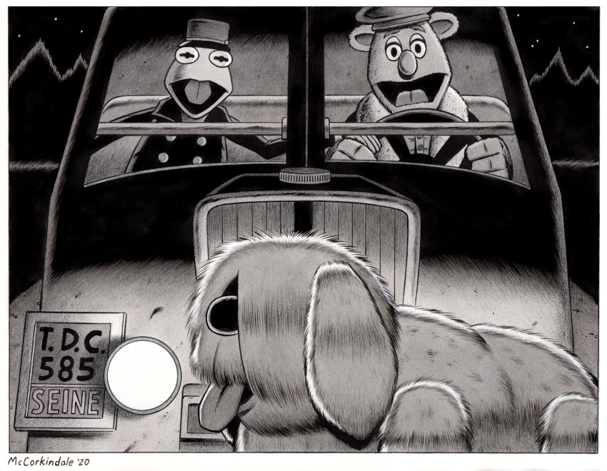 2020 amphibian anthro barkley_(muppets) big_nose black_and_white border bruce_mccorkindale canid canine canis car clothing crossover domestic_dog feral fozzie_bear frog greyscale group hat headgear headwear hi_res kermit_the_frog male mammal monochrome muppet muppets night parody port_of_shadows signature steering_wheel ursid vehicle white_border