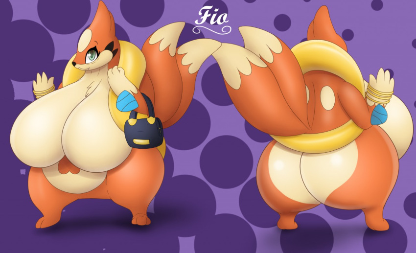 2019 anthro big_breasts big_butt bracelet breasts butt dipstick_tail english_text fan_character female fio_(pandashorts) floatzel front_view fur gesture green_eyes huge_breasts jewelry looking_at_viewer multi_tail multicolored_body multicolored_fur multicolored_tail nintendo nude orange_body orange_fur pandashorts pink_background pok&eacute;mon pok&eacute;mon_(species) purple_background purse rear_view simple_background solo solo_focus tan_body tan_fur text thick_thighs two_tone_body two_tone_fur video_games waving
