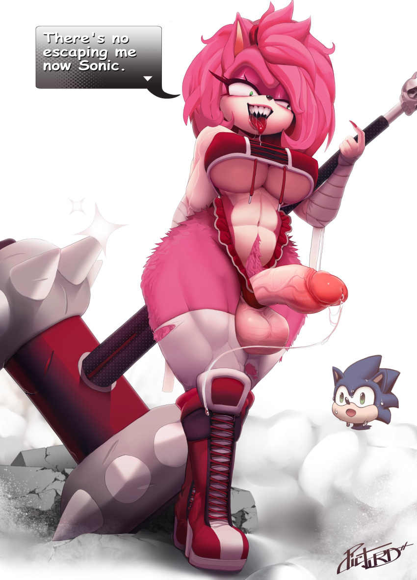 2020 absurd_res amy_rose anthro balls bodily_fluids boots breasts clothed clothing dialogue english_text eulipotyphlan footwear genital_fluids genitals green_eyes gynomorph hair hammer hedgehog hi_res humanoid_genitalia humanoid_penis intersex mammal melee_weapon open_mouth penis picturd pink_hair precum pubes saliva sharp_teeth sonic_the_hedgehog sonic_the_hedgehog_(series) speech_bubble sweat teeth text tongue tongue_out tools under_boob vein veiny_penis weapon