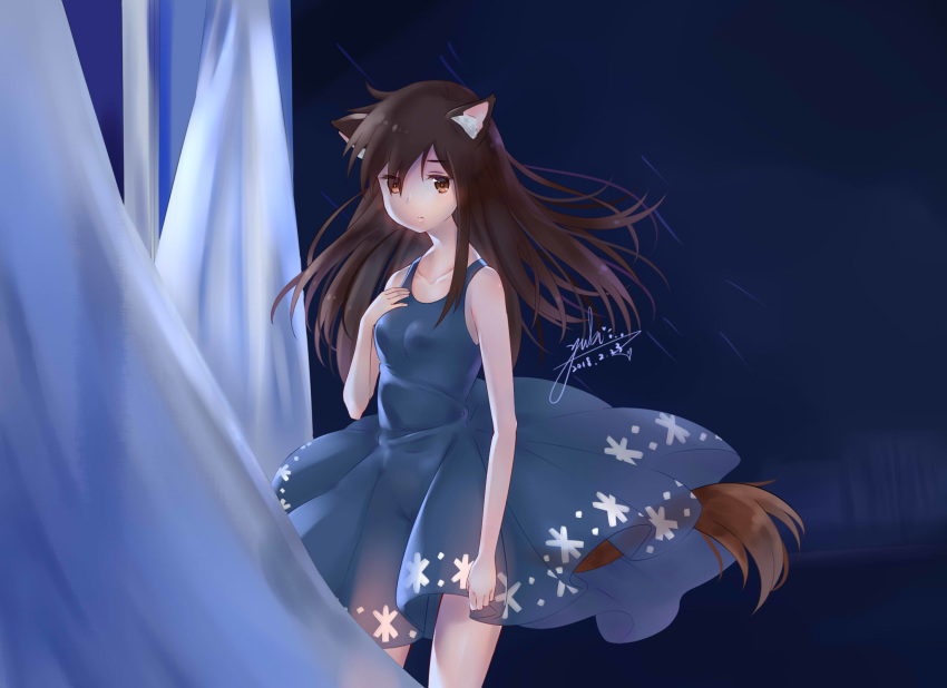 2018 animal_humanoid breasts brown_eyes brown_hair canid canid_humanoid canine canine_humanoid clothing curtains dress female hair hi_res humanoid mammal mammal_humanoid raining sad solo window wolf_children wolf_humanoid yuki_(wolf_children) yuki_chan0321