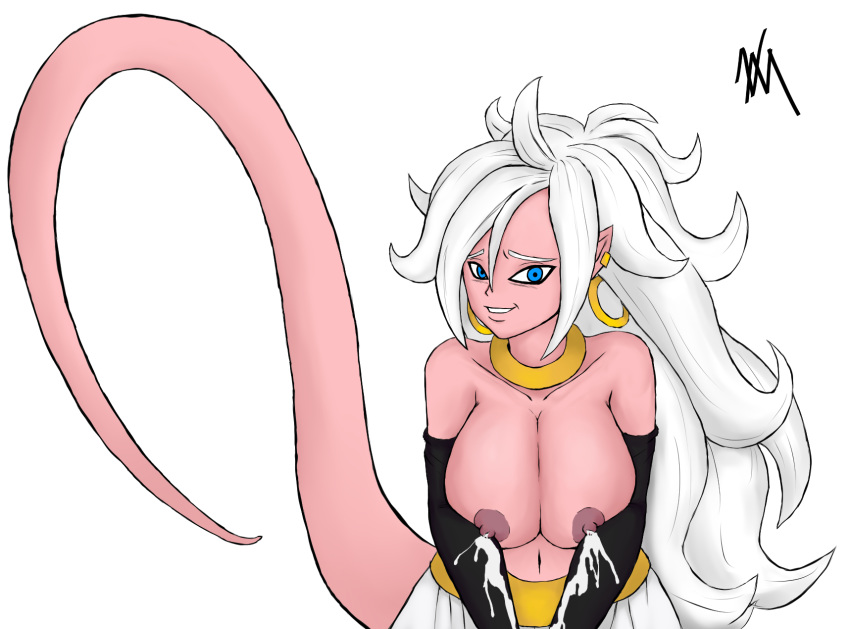 android big_breasts blue_eyes bodily_fluids breasts dragon_ball_fighterz female female_focus hair hi_res humanoid invalid_tag lactating long_hair machine majin_android_21 nekomajinsama pointy_eared_humanoid robot solo solo_focus
