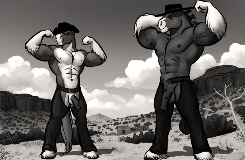 2017 abs anatomically_correct anatomically_correct_genitalia anatomically_correct_penis animal_genitalia animal_penis anthro balls bgn biceps black_and_white chaps clothed clothing cloud clydesdale cowboy_hat dead_tree desert detailed_background digital_media_(artwork) dog_tags draft_horse duo equid equine equine_penis feathering flaccid flexing fur genitals hat headgear headwear hooves horse jodira male mammal mane medial_ring monochrome muscular muscular_male navel nipples outside pecs penis plant rannik shrub sky smile smirk standing tree