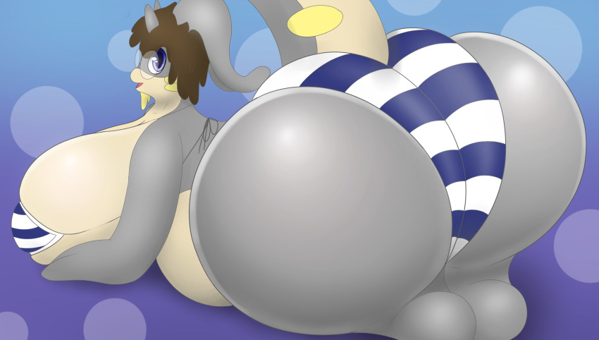 2020 alternate_color anthro big_breasts big_butt bikini blue_background blue_eyes breasts brown_hair butt butt_focus clothing eyewear fan_character female glasses goo_creature goodra grey_body hair hi_res huge_breasts looking_at_viewer looking_back lying mostly_nude multicolored_body nintendo on_ground open_mouth pandashorts pattern_clothing pok&eacute;mon pok&eacute;mon_(species) presenting presenting_hindquarters purple_background rear_view simple_background slightly_chubby solo striped_clothing stripes swimwear tan_body two_tone_body video_games